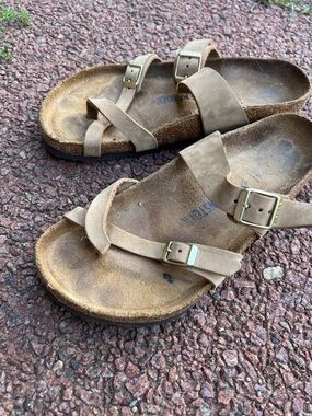 Birkenstock Taupe Suede Two-Strap Sandals with Buckles